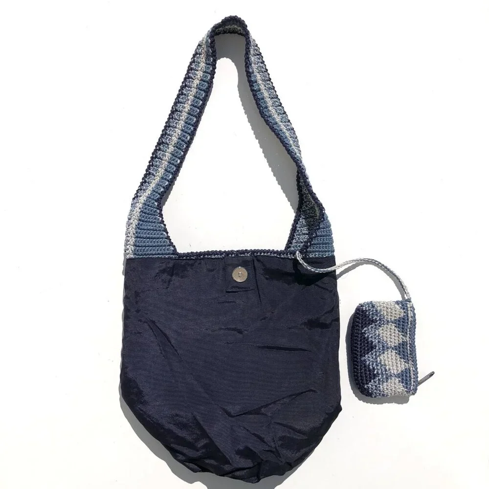 crochet hobo bag bucket bag boho shoulder bag navy blue gray purse festival